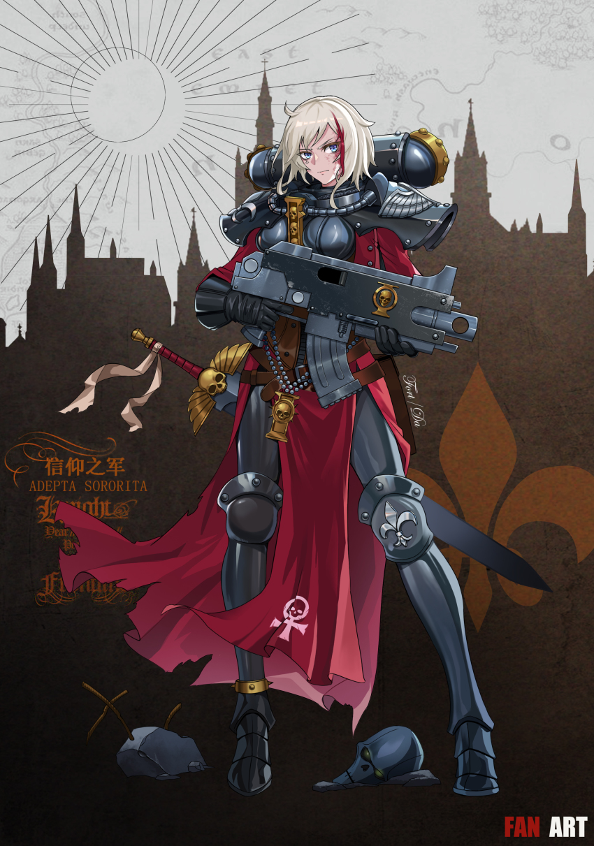 1girl absurdres adepta_sororitas armor blood blood_on_face blood_in_hair blue_eyes bolter facial_tattoo fleur-de-lis full_body gold greaves highres holding holding_weapon medium_hair moonface pauldrons pelvic_curtain power_armor power_sword shoulder_armor skull solo standing tattoo warhammer_40k weapon white_hair