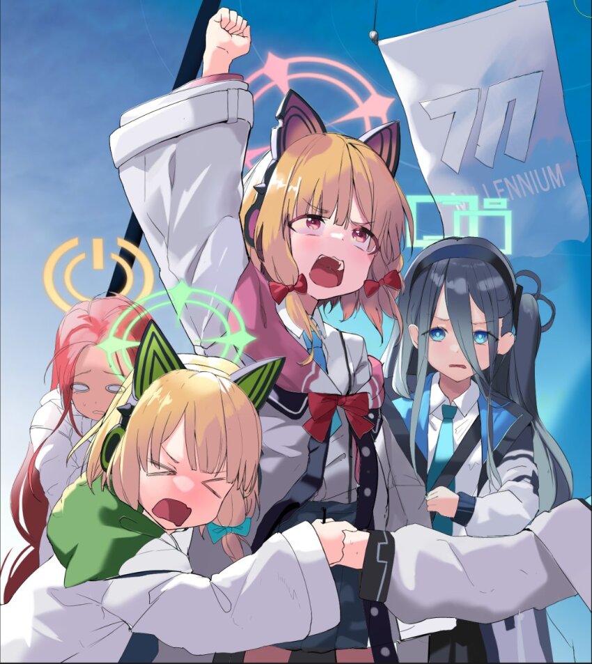 &gt;o&lt; 2024_attempted_assassination_of_donald_trump 5girls animal_ears aqua_bow aris_(blue_archive) arm_up blonde_hair blue_archive blue_eyes blue_hair blue_necktie blush bow clenched_hand collared_shirt dikko empty_eyes fake_animal_ears flag game_development_department_(blue_archive) green_halo hair_between_eyes hair_bow halo highres hood hood_down jacket long_hair long_sleeves making-of_available medium_hair midori_(blue_archive) miniskirt momoi_(blue_archive) multiple_girls necktie open_clothes open_jacket open_mouth outdoors photo-referenced pink_eyes pink_halo red_bow red_hair shirt skirt standing v-shaped_eyebrows white_jacket wide_sleeves yuzu_(blue_archive)