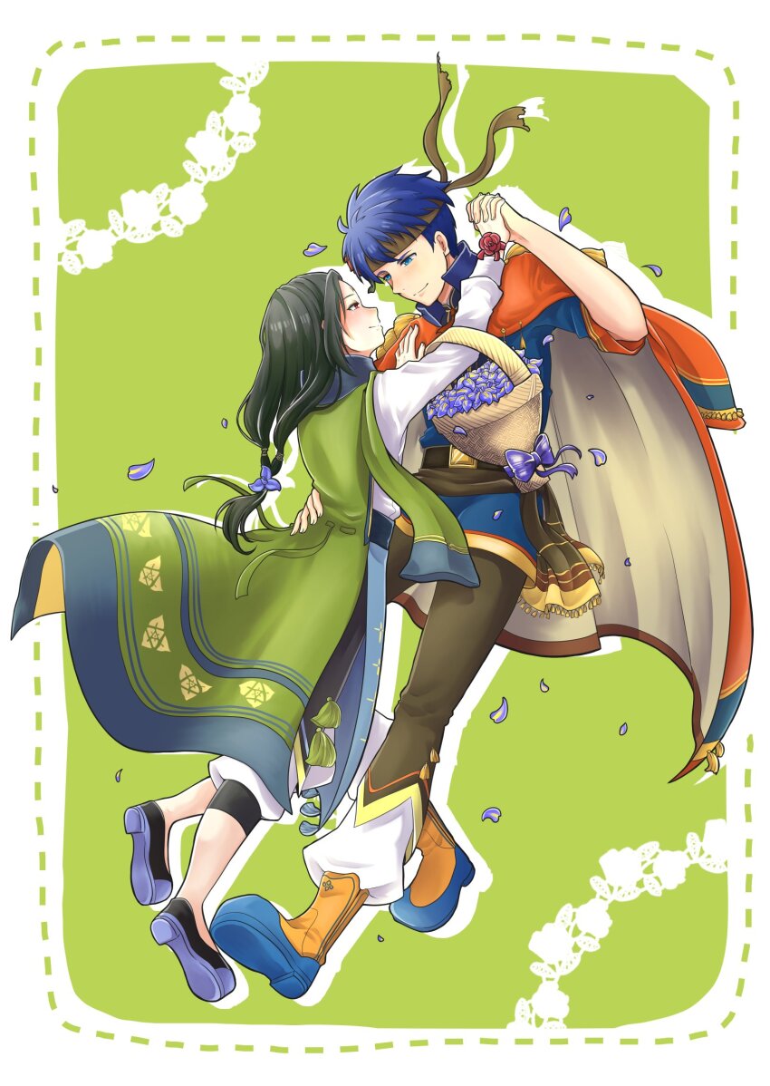 2boys basket black_hair blue_eyes blue_hair coat coat_on_shoulders commentary_request eye_contact fire_emblem fire_emblem:_path_of_radiance fire_emblem_heroes flower flower_basket highres ike_(fire_emblem) ike_(valentine)_(fire_emblem) kon_seisakujo long_hair looking_at_another male_focus multiple_boys nintendo official_alternate_costume red_eyes short_hair soren_(fire_emblem) soren_(valentine)_(fire_emblem) two-sided_fabric yaoi