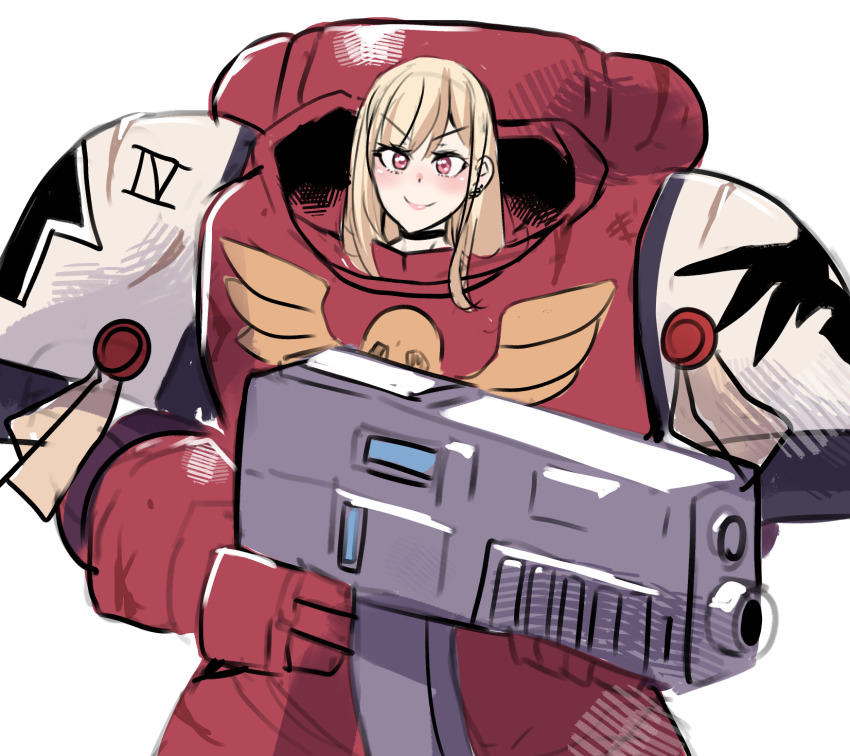 1girl adeptus_astartes armor black_choker blonde_hair bolter choker commentary crossover ear_piercing english_commentary highres hinghoi kitagawa_marin long_hair looking_at_viewer name_connection piercing pink_eyes power_armor simple_background sketch smile solo sono_bisque_doll_wa_koi_wo_suru v-shaped_eyebrows warhammer_40k weapon white_background