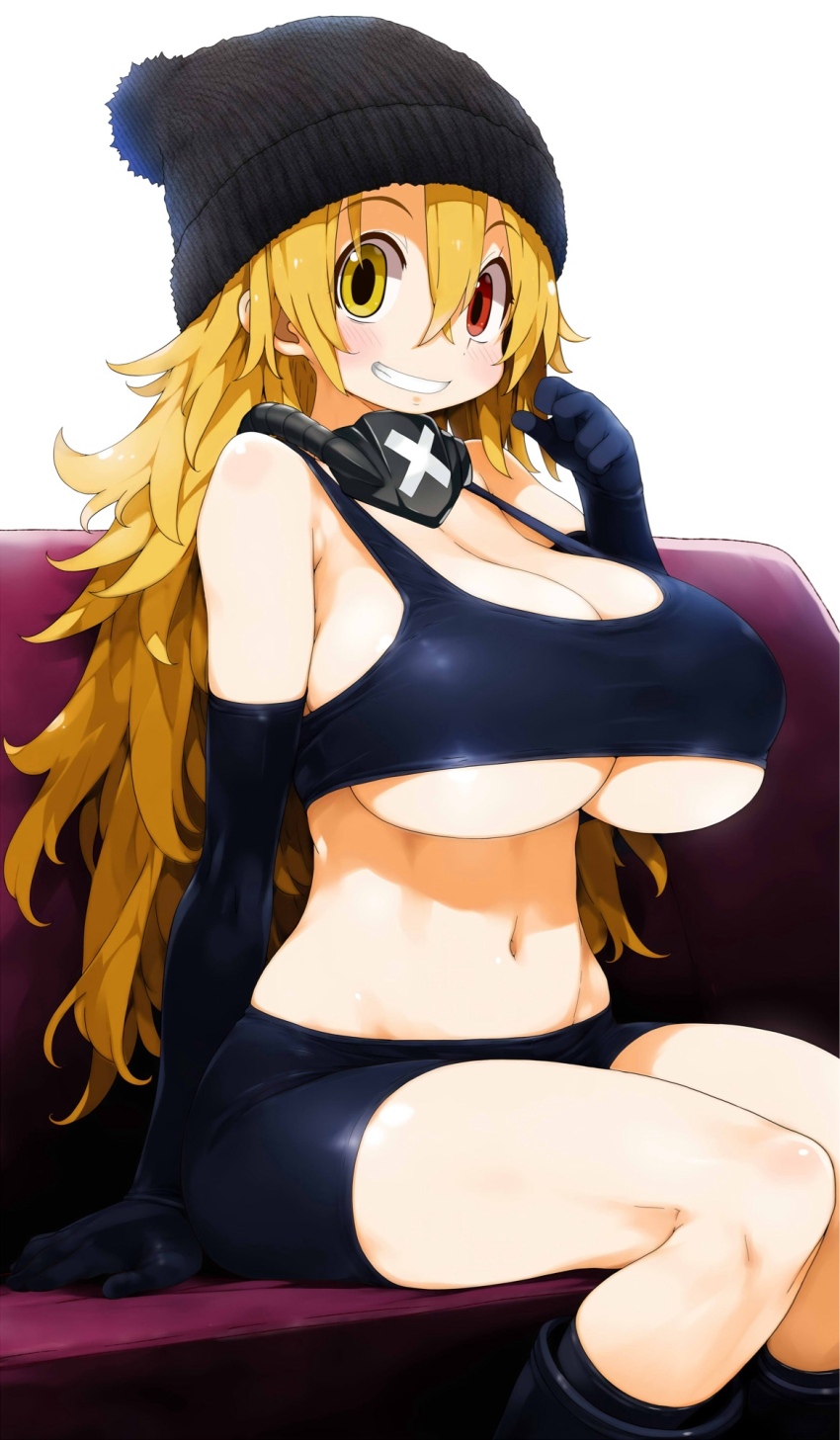 1girl bike_shorts black_boots black_gloves black_hat black_shorts black_socks blonde_hair blush boots breasts cleavage commission couch crop_top elbow_gloves gloves hair_between_eyes hat heterochromia highres knit_hat large_breasts long_hair looking_at_viewer midriff navel open_mouth original red_eyes shadow shorts simple_background sitting smile socks solo stomach teeth tsukinoha_mio underboob very_long_hair white_background yellow_eyes