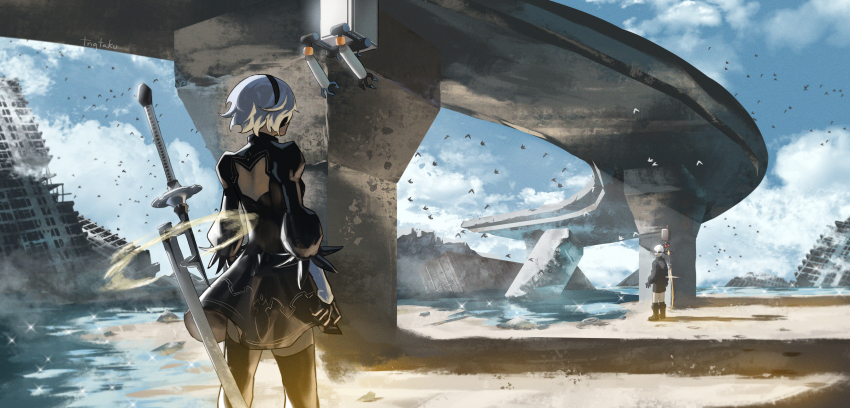 1boy 1girl 2b_(nier:automata) 9s_(nier:automata) absurdres back_cutout beach black_dress black_hairband black_thighhighs blue_sky bridge building clothing_cutout cloud commentary dress hairband highres in-universe_location nier:automata nier_(series) non-humanoid_robot outdoors pod_(nier:automata) post-apocalypse robot scenery short_hair simple_bird sky sparkle standing thighhighs tngtaku water white_hair