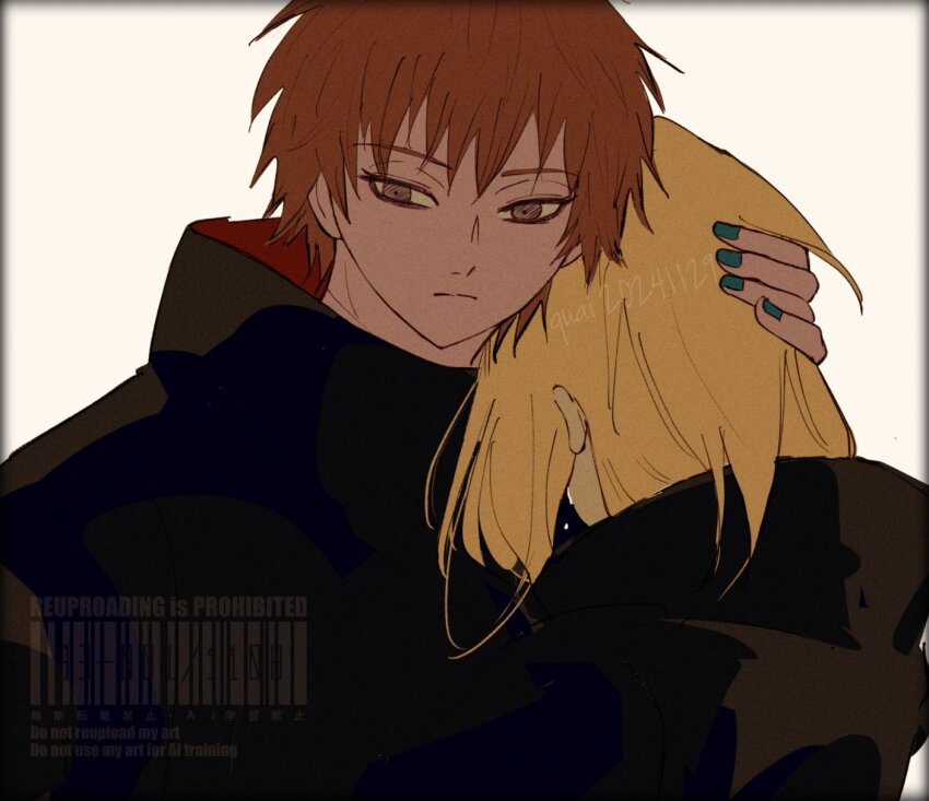 2boys akatsuki_uniform asymmetrical_bangs blonde_hair brown_eyes closed_mouth comforting crying deidara_(naruto) expressionless green_nails high_ponytail highres hug long_hair looking_at_viewer male_focus miomu4 multiple_boys naruto_(series) naruto_shippuuden ponytail red_hair robe sasori_(naruto) short_hair signature simple_background tears watermark white_background yaoi