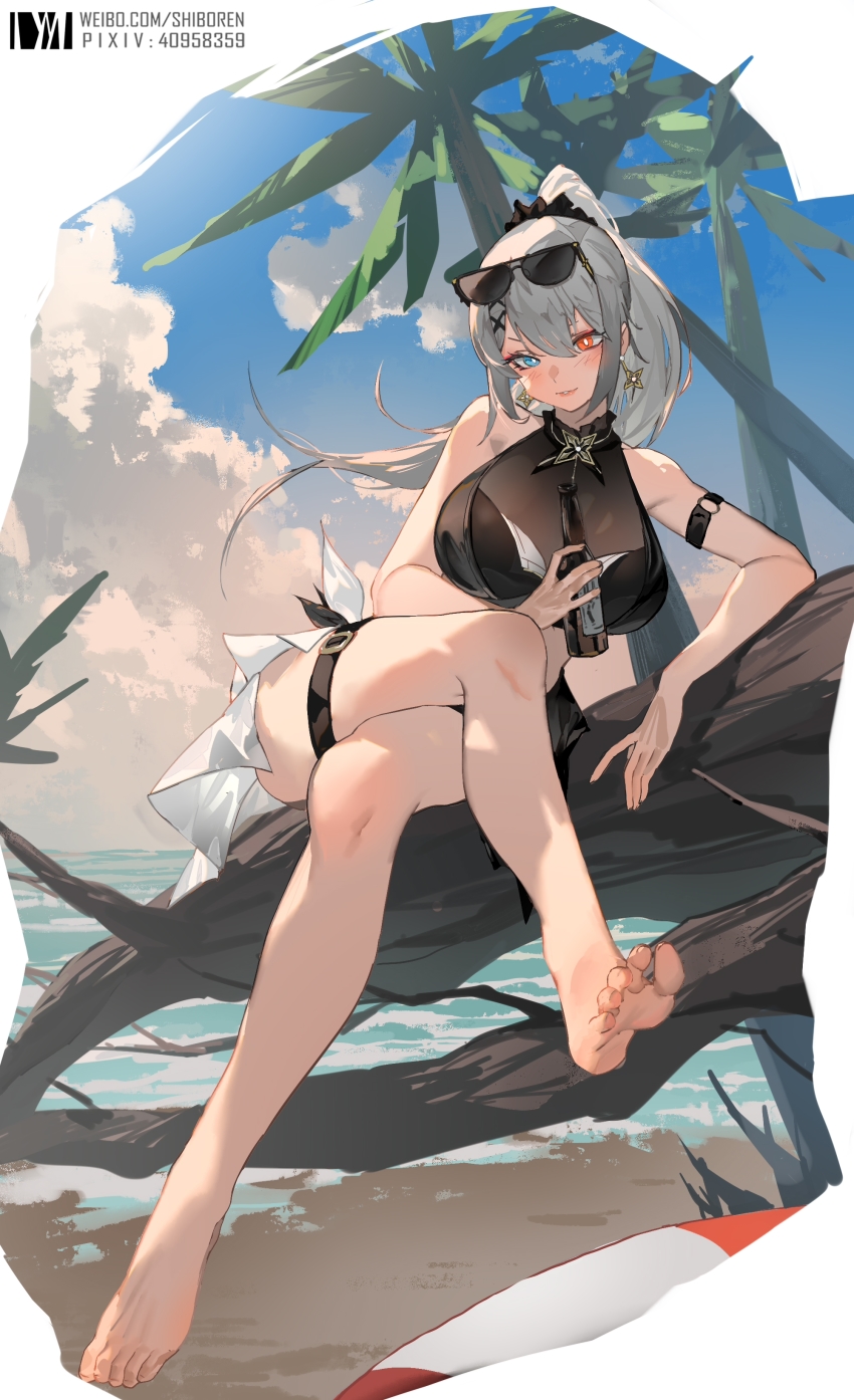 1girl absurdres aether_gazer arm_strap bare_legs barefoot beach blue_eyes blush bottle breasts crossed_legs dm_(dai_miao) earrings eyewear_on_head feet floating_hair full_body grey_hair hair_ornament hair_scrunchie heterochromia highres holding holding_bottle in_tree jewelry kuninotokotachi_(aether_gazer) large_breasts long_hair outdoors parted_lips ponytail red_eyes scrunchie sitting sitting_in_tree solo sunglasses thigh_strap tree