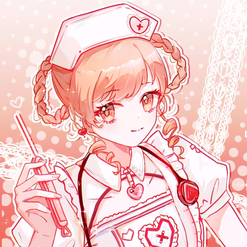 1girl bare_arms blonde_hair blunt_bangs braid braided_hair_rings brown_eyes brown_pubic_hair center_frills chazui_ranyi chinese_commentary closed_mouth collar collarbone commentary_request cross cross_print detached_collar dot_nose dress earrings eyelashes fingernails frilled_dress frills gradient_background hair_rings halftone halftone_background happy hat heart heart_collar heart_earrings heart_print highres holding holding_syringe infinity_nikki jewelry lace_background light_blush lips looking_at_viewer mismatched_earrings nikki_(series) no_gloves nurse nurse_cap orange_background outline puffy_short_sleeves puffy_sleeves red_cross ringlets short_hair_with_long_locks short_sleeves smile solo square_neckline stethoscope stethoscope_around_neck sweet_diagnosis_(infinity_nikki) swept_bangs syringe upper_body white_collar white_dress white_hat white_outline