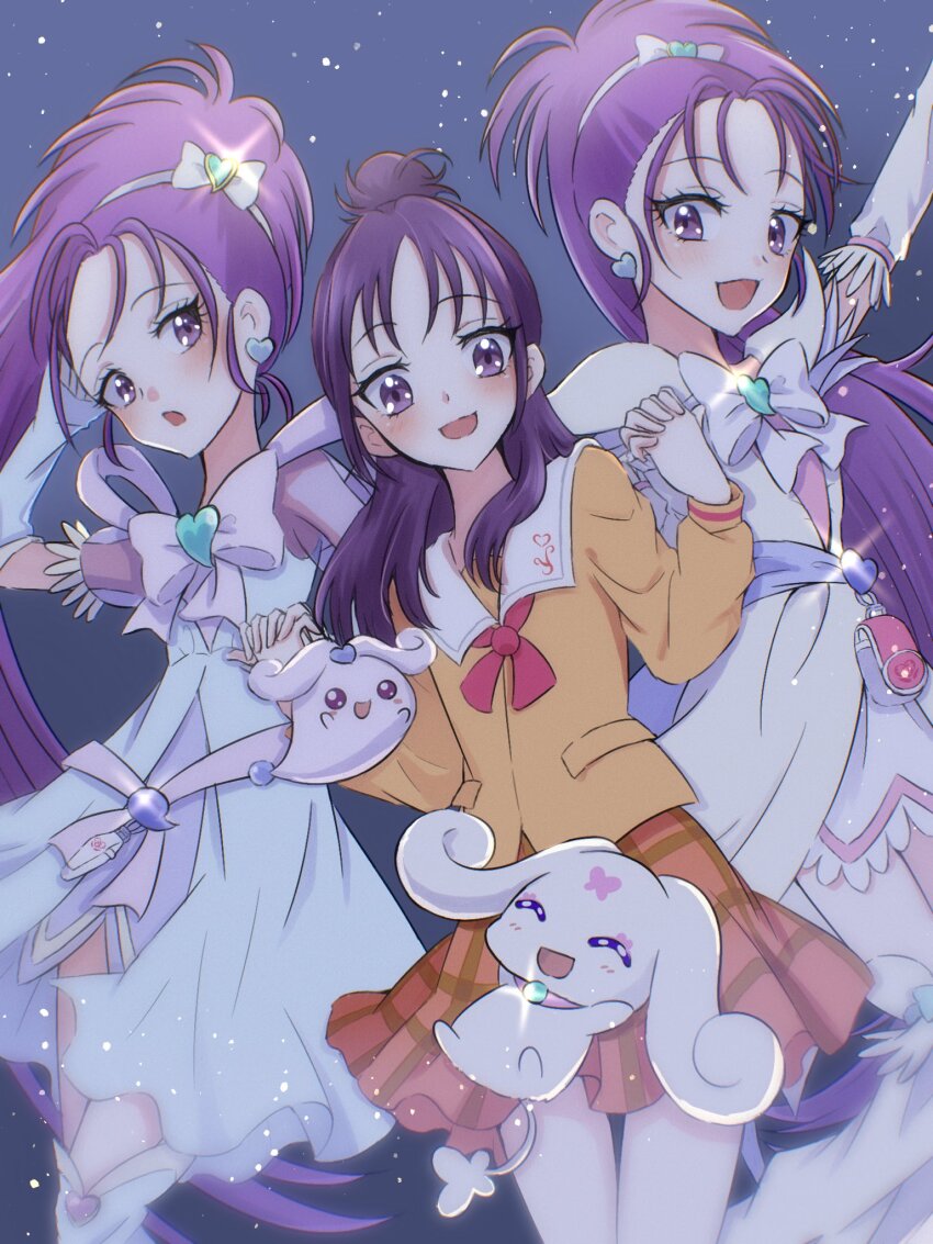 3girls arm_warmers blush bow bowtie brooch brown_shirt choppy commentary creature cure_egret cure_windy dress earrings fairy foop futari_wa_precure_splash_star heart heart_brooch heart_earrings high_ponytail highres holding_hands jewelry leg_warmers long_hair long_sleeves magical_girl mishou_mai multiple_girls neckerchief night night_sky one_side_up open_mouth ponytail precure puffy_short_sleeves puffy_sleeves purple_bow purple_bowtie purple_eyes purple_hair red_neckerchief school_uniform see-through_clothes see-through_sleeves shigen_pr shirt short_sleeves sky two-tone_skirt white_bow white_bowtie white_dress yuunagi_middle_school_uniform
