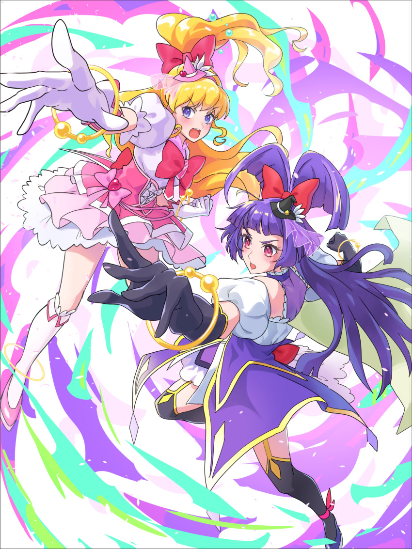 2girls asahina_mirai black_gloves black_hat black_thighhighs blonde_hair blush bow bowtie brooch commentary_request cure_magical cure_miracle detached_sleeves dress elbow_gloves gloves hair_bow hairband hat high_heels highres ishidai_(ishidai4682) izayoi_liko jewelry long_hair magical_girl mahou_girls_precure! mahou_girls_precure!!_mirai_days multiple_girls one_side_up open_mouth partial_commentary pink_bow pink_bowtie pink_hairband pink_hat pink_shoes precure puffy_detached_sleeves puffy_short_sleeves puffy_sleeves purple_eyes purple_footwear purple_hair red_bow shoes short_sleeves socks thighhighs two-tone_dress white_gloves white_socks witch_hat