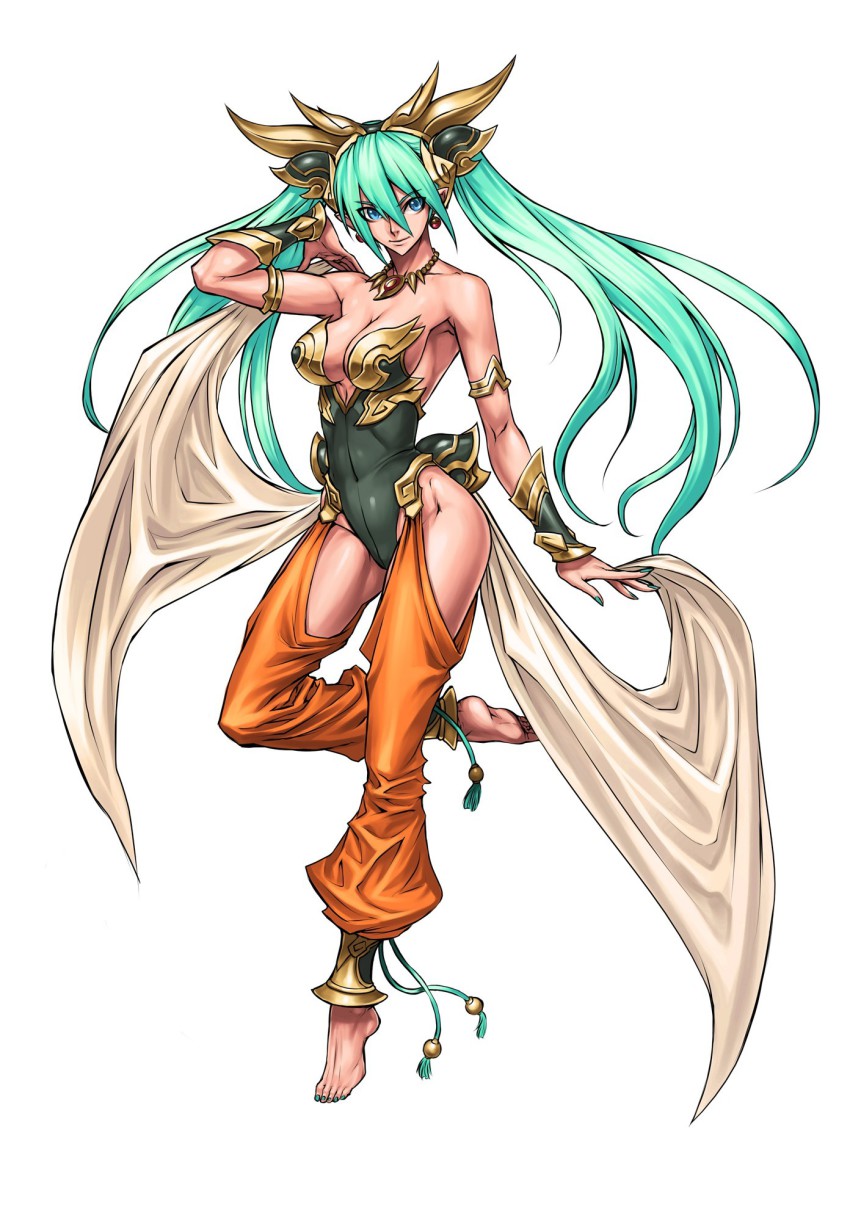 1girl aqua_hair armband bare_shoulders barefoot benten_(cho_aniki) blue_eyes bracer breasts cho_aniki cho_aniki_zero cleavage covered_navel earrings female_focus hair_ornament harem_pants headgear highres hip_focus jewelry large_breasts leotard long_hair lots_of_jewelry necklace official_art pants pointy_ears simple_background solo thighs twintails