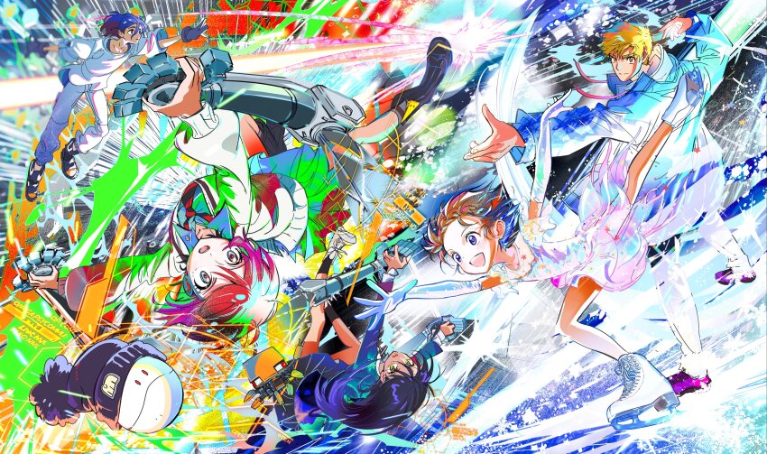 2boys 3girls absurdres akeuraji_tsukasa amate_yuzuriha aqua_eyes beanie blonde_hair blue_eyes blue_hair brown_hair child collared_shirt colored_inner_hair conch_(gundam) creator_connection crossover dress elbow_gloves figure_skating_dress gloves gundam gundam_gquuuuuux haro hat highres ice ice_skates jacket long_hair long_sleeves lower_eyelashes_only medalist_(manga) midair multicolored_hair multiple_boys multiple_girls necktie non-humanoid_robot nyaan_(gundam_gquuuuuux) official_art open_mouth pants pom_pom_(clothes) pom_pom_beanie promotional_art purple_hair red_eyes red_hair robot school_uniform shirt shoes short_hair shuji_ito skates skirt smile sweater tsuruma_ikada two-tone_hair wide-eyed yellow_eyes yuitsuka_inori