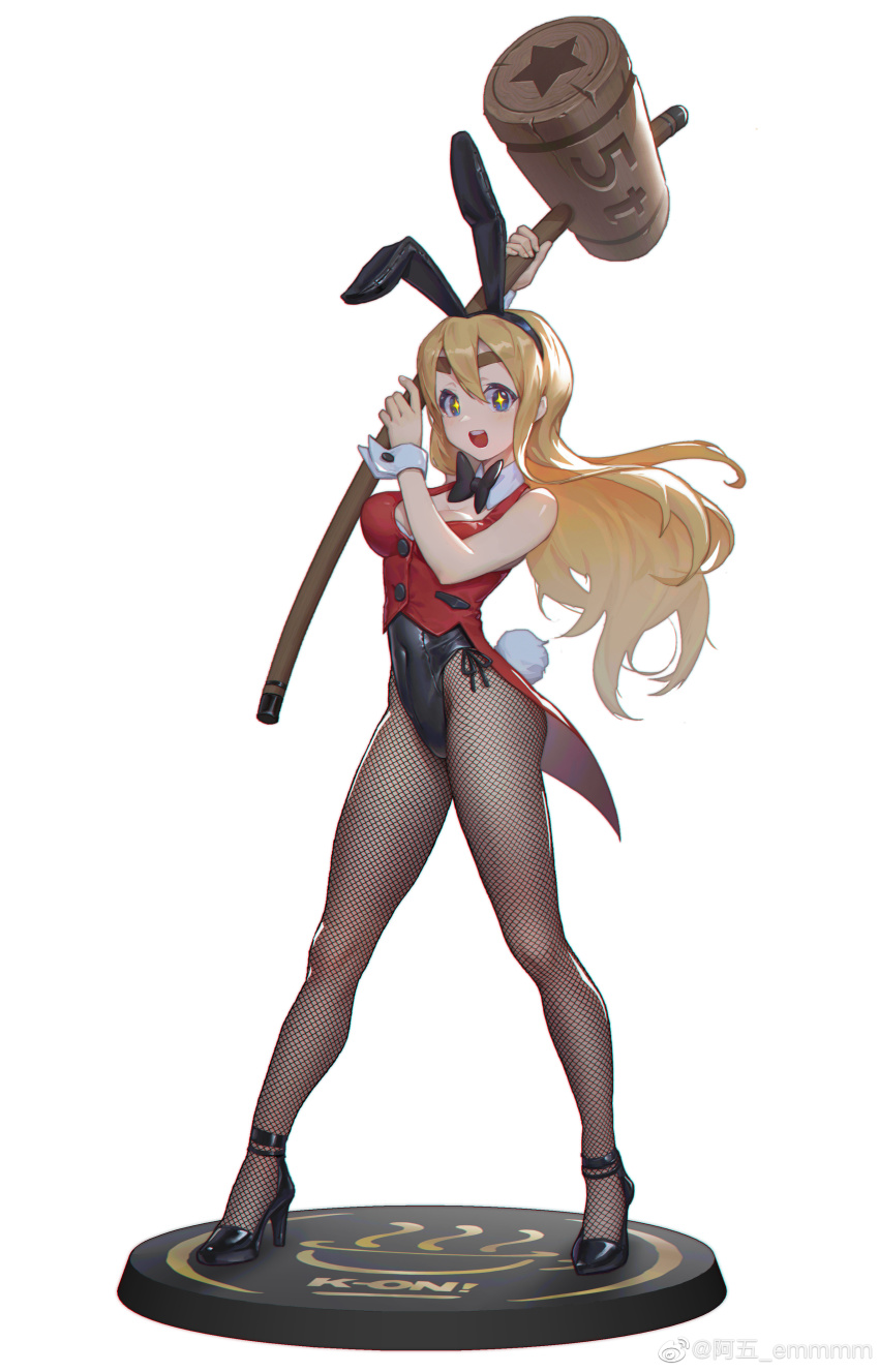 1girl :d a_wu absurdres animal_ears arm_up bare_shoulders black_bow black_bowtie black_footwear black_leotard blonde_hair blue_eyes bow bowtie breasts buttons cleavage covered_navel cropped_jacket detached_collar fake_animal_ears fake_tail figure_stand fishnet_pantyhose fishnets floating_hair from_side full_body hair_between_eyes hammer hand_up high_heels highleg highleg_leotard highres holding holding_hammer jacket k-on! kotobuki_tsumugi legs_apart leotard leotard_under_clothes long_hair looking_at_viewer open_mouth pantyhose playboy_bunny rabbit_ears rabbit_tail red_jacket simple_background sleeveless sleeveless_jacket smile solo standing star-shaped_pupils star_(symbol) strapless strapless_leotard symbol-shaped_pupils tail thick_eyebrows watermark weibo_watermark white_background wrist_cuffs