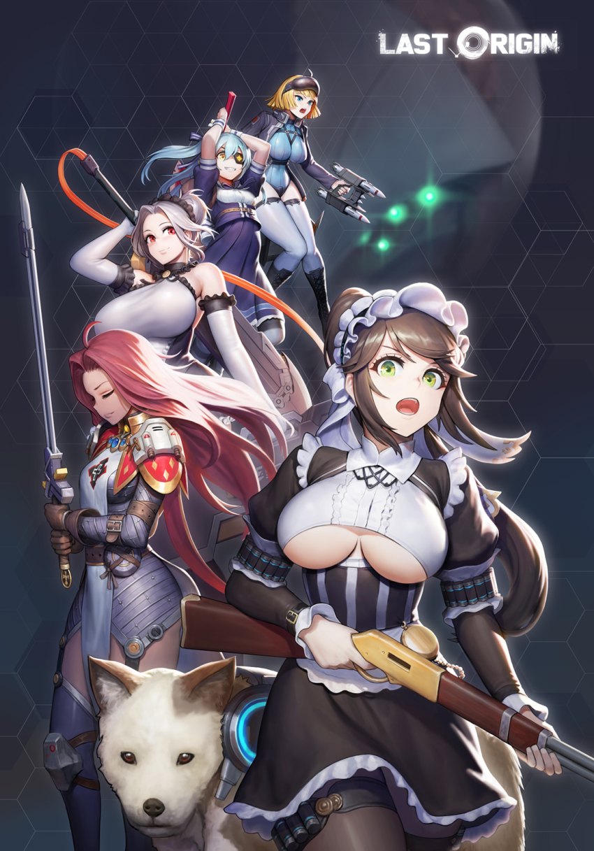 5girls ahoge armor arms_up bad_id bad_pixiv_id black_legwear blonde_hair blue_eyes blue_hair blush breasts brown_hair character_request cleavage closed_eyes closed_mouth constantia_s2 copyright_name dog elbow_gloves eyepatch gloves green_eyes grey_hair griffon_(last_origin) gun highres holding holding_gun holding_sword holding_weapon june_5 labiata_(last_origin) large_breasts last_origin long_hair looking_at_viewer looking_away lrl_(last_origin) maid maid_headdress multiple_girls open_mouth pantyhose ponytail prester_johanna prototype_labiata red_eyes red_hair short_hair smile sword thighhighs underboob very_long_hair weapon white_gloves white_legwear yellow_eyes