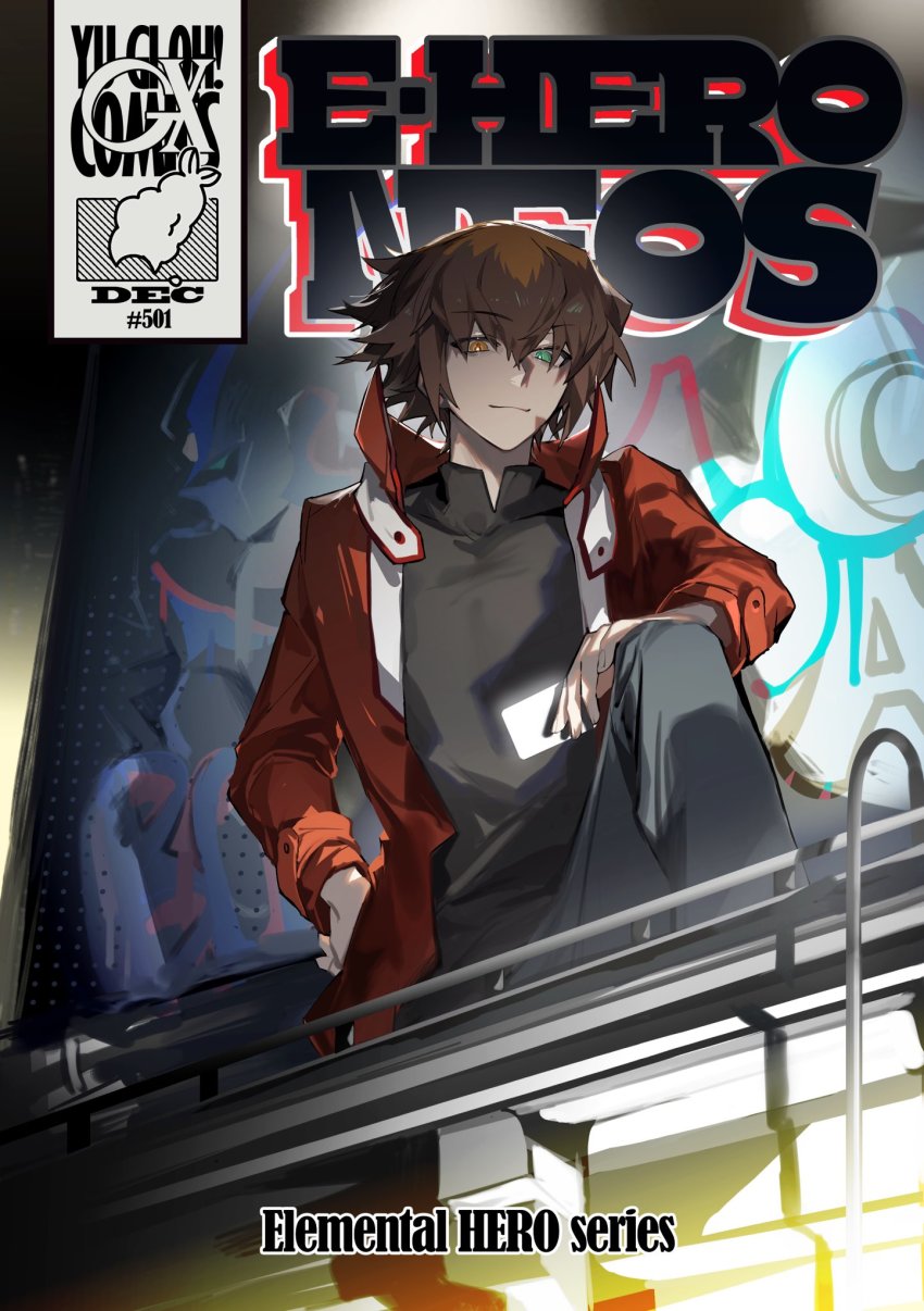 1boy black_shirt brown_eyes card duel_academy_uniform_(yu-gi-oh!_gx) elemental_hero_neos from_below glowing_card hair_between_eyes heterochromia highres holding holding_card jacket long_sleeves male_focus multicolored_hair playing_card red_jacket shirt short_hair smile smug solo two-tone_hair uni_(uni33uaze) yu-gi-oh! yu-gi-oh!_gx yuki_judai