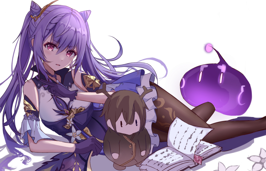 cone_hair_bun double_bun dress electro_slime_(genshin_impact) genshin_impact gloves goat_horns hair_bun hair_ears highres horns keqing_(genshin_impact) neck_tassel pantyhose purple_dress purple_eyes purple_gloves purple_hair slime_(genshin_impact) tassel tnan twintails zhongli_(genshin_impact)