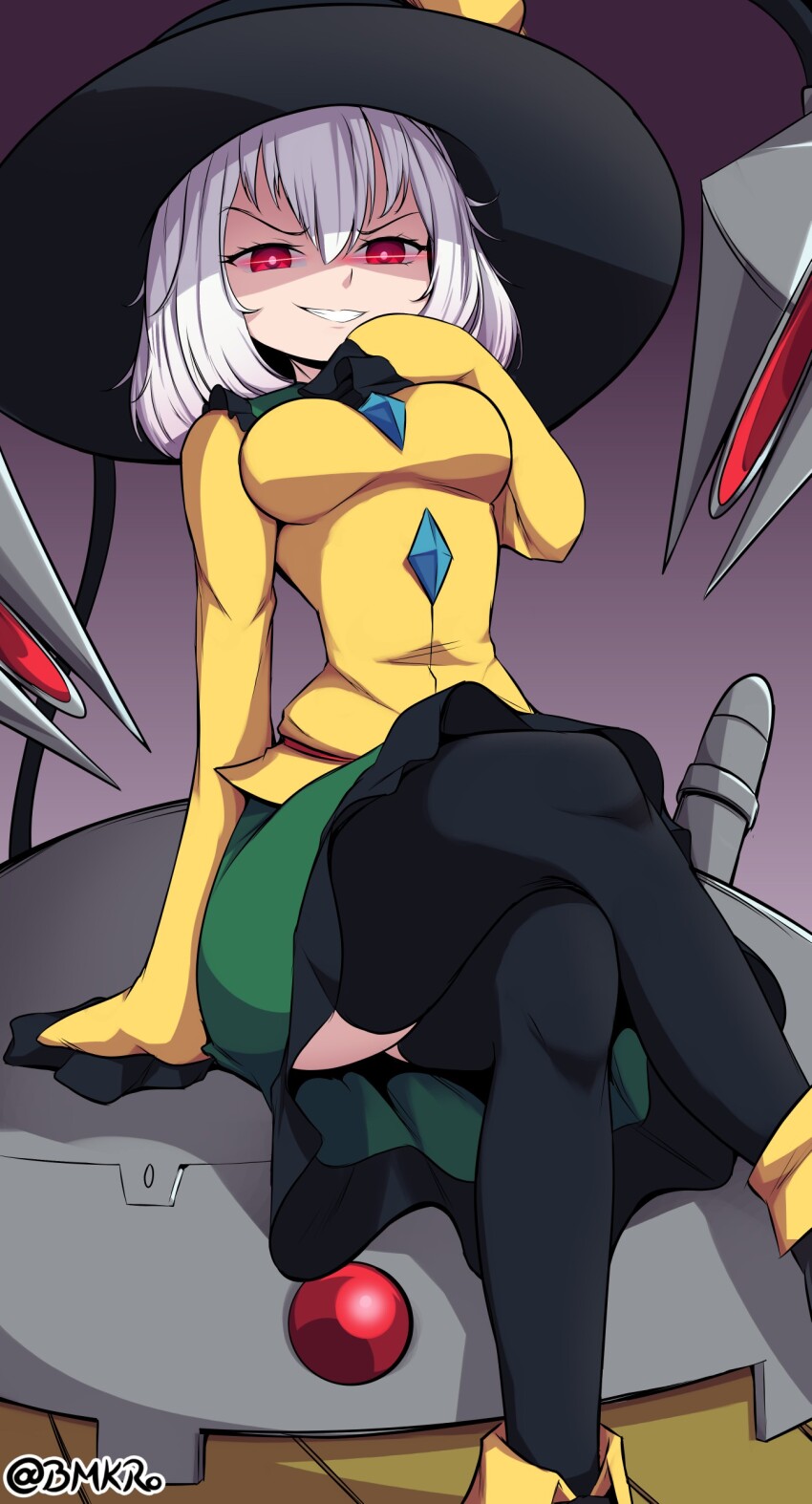absurdres alternate_costume black_hat black_thighhighs bmkro breasts command_&amp;_conquer command_&amp;_conquer:_red_alert command_&amp;_conquer:_red_alert_2 cosplay crossed_legs crossover dart double-parted_bangs feet_out_of_frame gradient_background green_skirt hat hat_ribbon highres komeiji_koishi komeiji_koishi_(cosplay) libra_(mental_omega) long_sleeves looking_at_viewer machine machinery mechanical_tentacles medium_breasts mental_omega_(mod) purple_background red_eyes ribbon shoes short_hair sitting sitting_on_object skirt sleeves_past_fingers sleeves_past_wrists smile straight-on teeth thighhighs touhou white_hair wide_brim yellow_shoes
