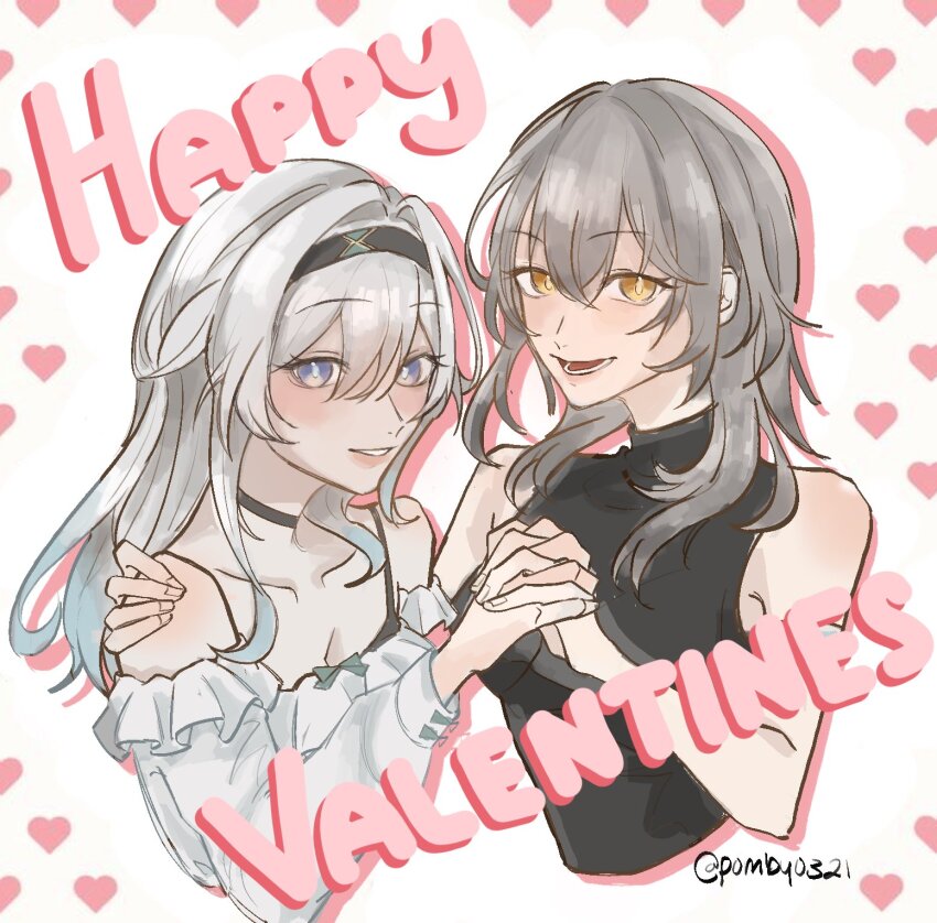 2girls black_choker black_sweater blue_pupils breasts choker cleavage firefly_(honkai:_star_rail) hair_between_eyes hair_intakes hairband happy_valentine heart highres honkai:_star_rail honkai_(series) multiple_girls pomby0421 sleeveless sleeveless_turtleneck stelle_(honkai:_star_rail) sweater trailblazer_(honkai:_star_rail) turtleneck twitter_username yellow_eyes yuri