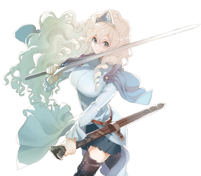 &gt;:( 1girl 2020 blonde_hair blue_eyes blue_skirt breasts capelet character_request closed_mouth crossdraw_holster curly_hair drill_hair female_focus frilled_sleeves frills hair_between_eyes highres holding holding_sheath holding_sword holding_weapon holster katamichi_yuusha large_breasts long_hair looking_at_viewer mandarin_collar miniskirt multicolored_eyes pleated_skirt ringlets sheath sidelocks silversecond simple_background skirt solo sword thighhighs tiara tukasac weapon white_background zettai_ryouiki