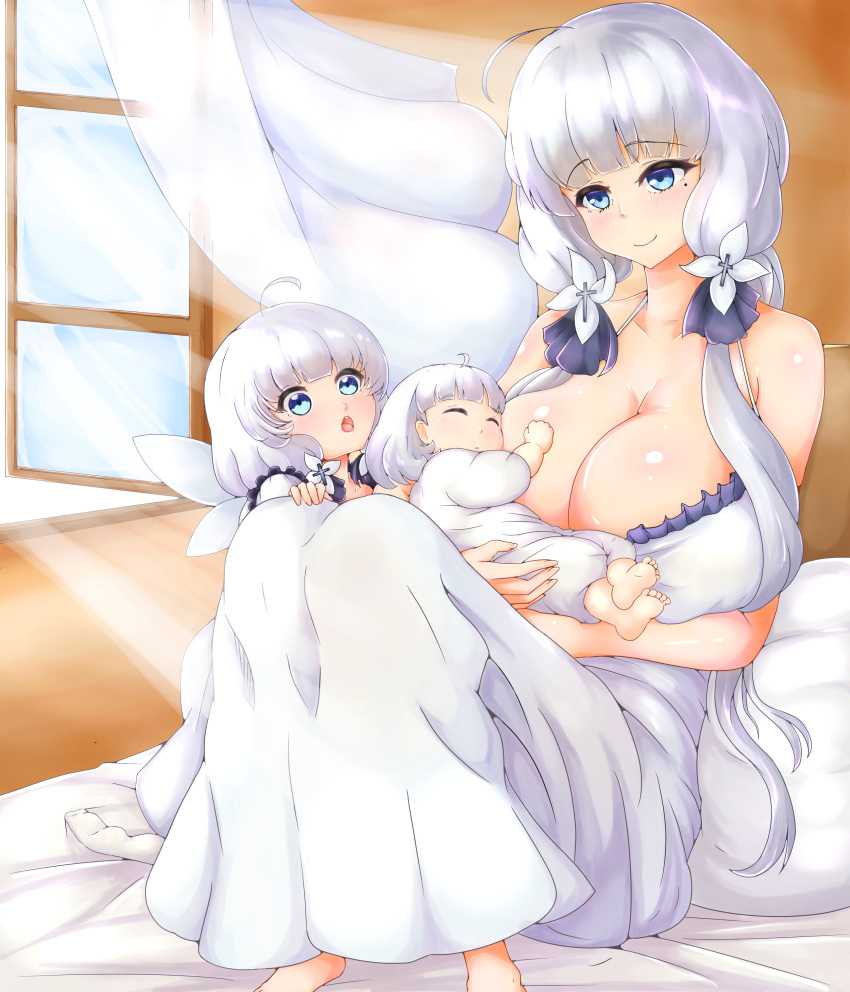 3girls absurdres aged_down azur_lane baby baby_carry bare_shoulders blue_eyes breasts carrying carrying_baby carrying_person cleavage dress fake_wings family highres huge_breasts if_they_mated illustrious_(azur_lane) indoors little_illustrious_(azur_lane) long_hair low_twintails mole mole_under_eye mother_and_child multiple_girls sitting twintails white_dress white_hair wings yuuutsu!!!