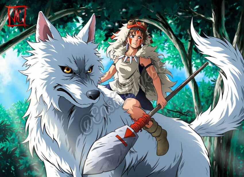 1girl animal armlet bad_source blue_eyes blue_skirt boots cape closed_eyes commentary derivative_work earrings eastblue_95 english_commentary forest fur_cape holding holding_weapon jewelry looking_to_the_side makeup mask mononoke_hime moro_no_ichizoku nature necklace screenshot_redraw sitting_on_animal skirt tooth_necklace tree twitter_username weapon white_cape wolf yellow_eyes