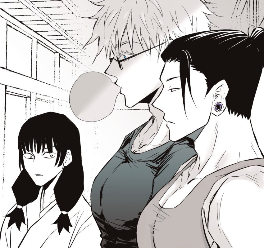 1girl 2boys bara black_hair getou_suguru girl_staring_at_guy&#039;s_chest_(meme) gojou_satoru highres iori_utahime japanese_clothes jujutsu_kaisen kimono large_pectorals long_hair looking_at_another looking_at_pectorals male_focus meme multiple_boys muscle_envy muscular muscular_male nejmai2 pectoral_cleavage pectoral_focus pectorals round_eyewear shirt short_hair sunglasses tank_top twintails upper_body white_hair