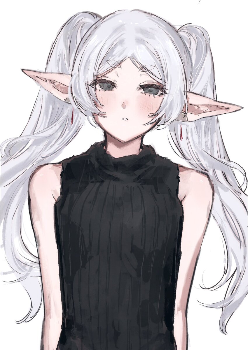 1girl black_shirt elf frieren green_eyes half-closed_eyes highres looking_at_viewer moku_(muooku) parted_lips pointy_ears shirt simple_background sleeveless sleeveless_shirt solo sousou_no_frieren teeth thick_eyebrows twintails upper_body white_background white_hair