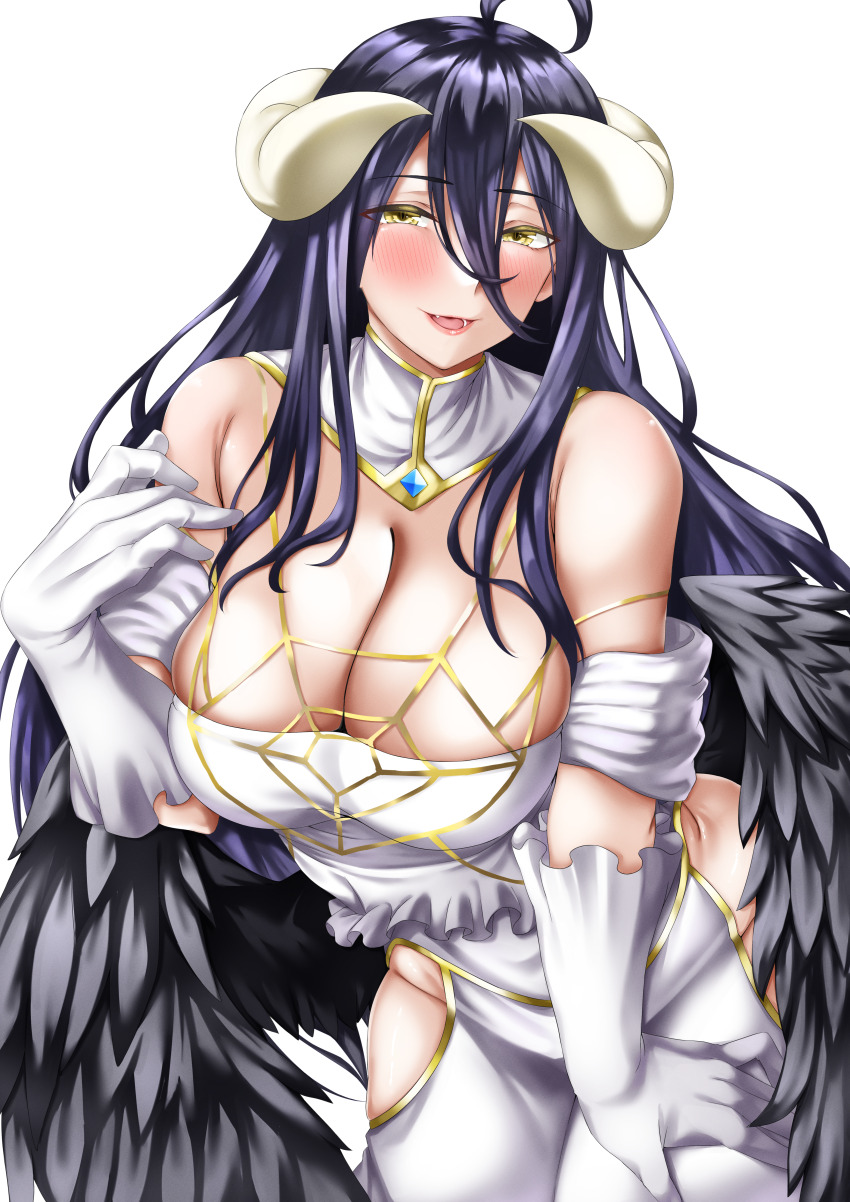 1girl absurdres albedo_(overlord) antenna_hair bare_hips bare_shoulders black_feathers blue_hair blush breasts cleavage collar cowboy_shot curled_horns dark_blue_hair demon_girl demon_horns detached_collar detached_sleeves dress eyebrows feathered_wings feathers female_focus gloves half-closed_eyes hand_on_own_chest hand_on_own_thigh highres horns large_breasts leaning_forward lips long_hair looking_at_viewer low_wings naughty_face off-shoulder_dress off_shoulder open_mouth overlord_(maruyama) pipienpippi simple_background smile solo standing tongue two-tone_collar two-tone_dress white_background white_collar white_dress white_gloves white_horns wide_hips wings yellow_collar yellow_eyes
