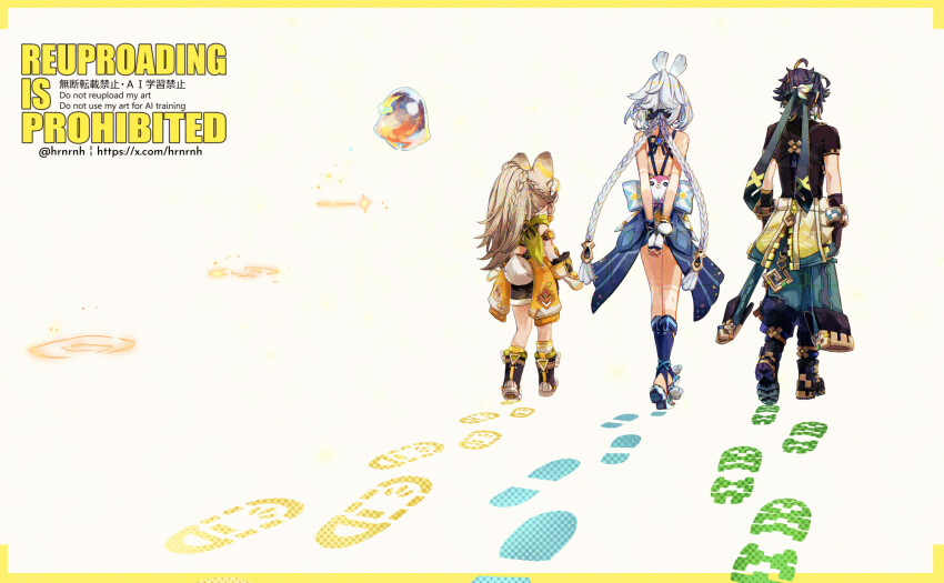 1boy 2girls ahoge animal_ears aqua_pants aqua_ribbon arms_behind_back artist_name back_bow bandana bandana_around_neck black_footwear black_gloves black_hair black_shirt blonde_hair blue_gloves blue_pants blue_skirt body_markings boots bow bracelet braid brown_footwear brown_hair brown_shorts chinchilla_ears chinchilla_girl chinchilla_tail clothes_around_waist commentary_request crop_top dark-skinned_female dark_skin earrings facing_away fingerless_gloves footprints from_behind fur-trimmed_mittens fur_trim genshin_impact gloves green_bandana green_hair hair_ribbon haruna_(hrnrnh) high_ponytail highres jewelry kachina_(genshin_impact) kinich_(genshin_impact) long_hair mittens monetoo_(genshin_impact) mualani_(genshin_impact) multicolored_clothes multicolored_hair multicolored_pants multiple_girls pants ponytail ribbon sandals shirt short_hair short_shorts short_sleeves shorts simple_background skirt sparkle streaked_hair tail twin_braids twitter_username very_long_hair vision_(genshin_impact) walking watermark web_address white_background white_bow white_footwear white_gloves white_hair white_mittens white_ribbon
