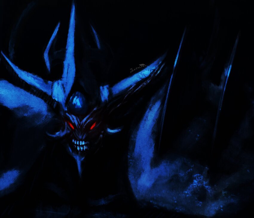 absurdres black_background blue_gemstone blue_skin colored_skin commentary crain1art english_commentary forehead_jewel gem highres horns monster obelisk_the_tormentor red_eyes spines teeth upper_body yu-gi-oh!