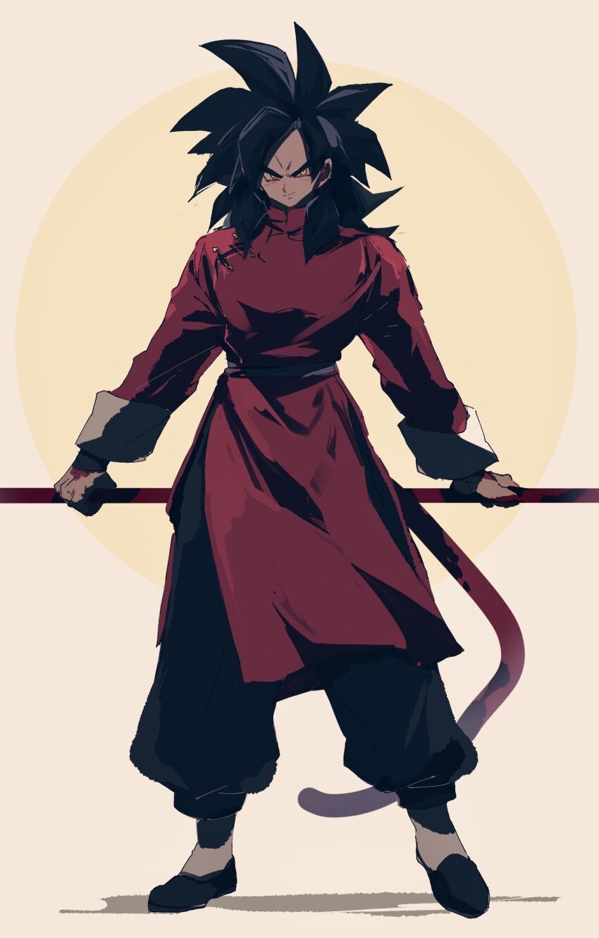 1boy alternate_costume baggy_pants black_hair body_fur chinese_clothes commentary_request dragon_ball dragon_ball_gt full_body highres holding holding_staff male_focus monkey_tail pants roku_(roku_0141) ruyi_jingu_bang smile solo son_goku staff super_saiyan super_saiyan_4 tail yellow_eyes