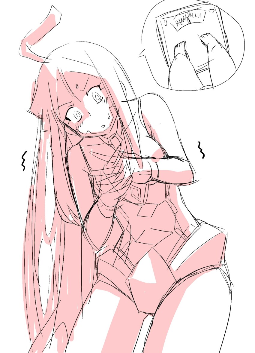 1girl digimon digimon_(creature) female_focus gloves highres hudiemon leotard long_hair looking_down ph6xeivbgpimggg sketch solo solo_focus sweat sweatdrop thick_thighs thighhighs thighs trembling weighing_scale