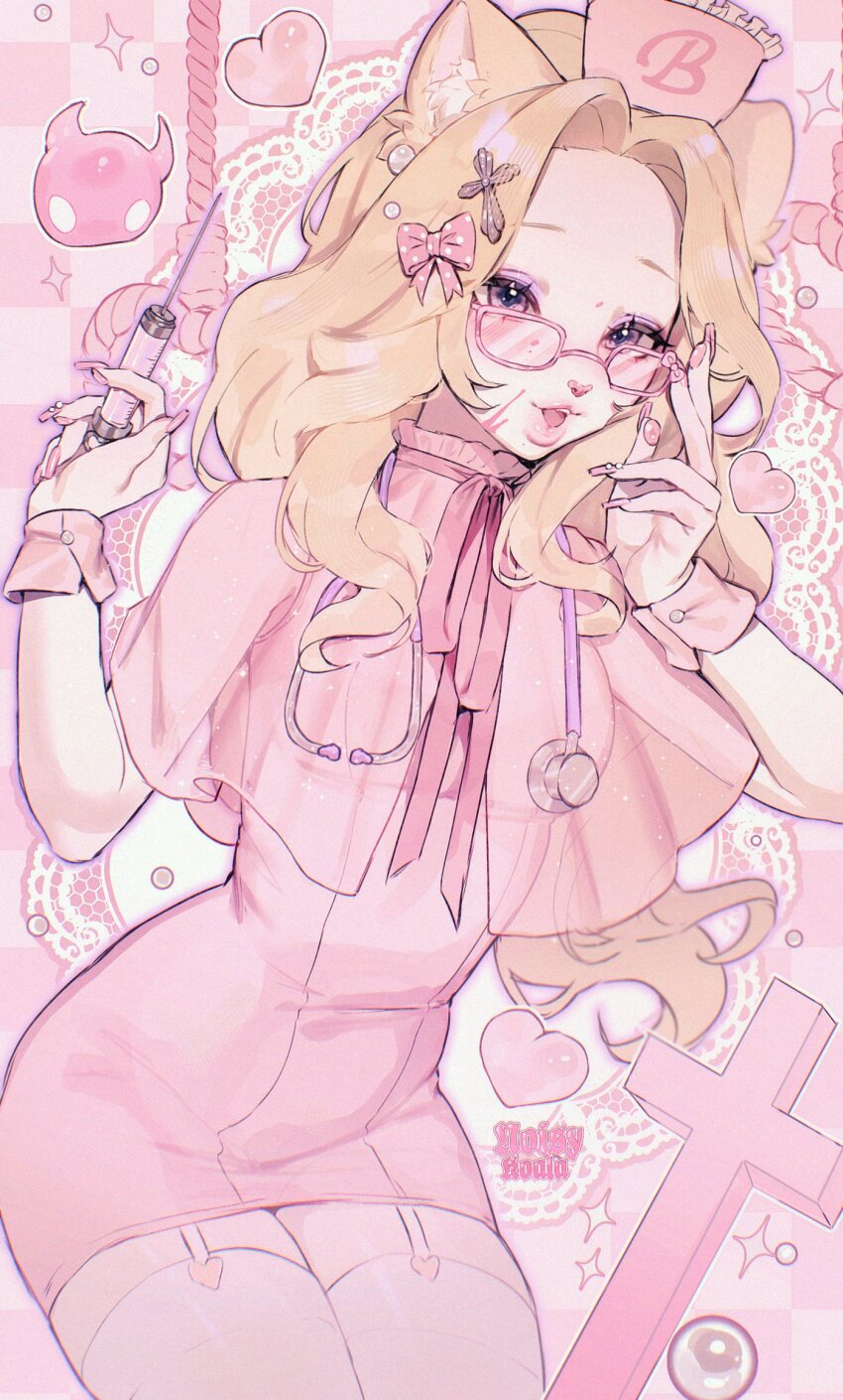 1girl adjusting_eyewear animal_ears animal_nose artist_name bad_tag betty_(noisykoala) blonde_hair blood blood_on_face blurry bow capelet cat_ears cat_girl checkered_background collar colored_skin commentary cowboy_shot cross cross_hair_ornament depth_of_field dress earrings english_commentary eyelashes eyeshadow eyewear_bow fingernails forehead four-pointed_star frilled_collar frilled_headwear frills furry furry_female garter_straps gem-studded_nails hair_bow hair_ornament hair_over_shoulder hat heart helmet highres holding holding_syringe invisible_chair jewelry lace_background light_blush long_fingernails long_hair looking_at_viewer makeup neck_ribbon noisykoala noose nurse nurse_cap open_mouth original outer_glow outline parted_bangs pawpads pearl_earrings pearl_hair_ornament pink-framed_eyewear pink_background pink_blood pink_bow pink_capelet pink_dress pink_eyes pink_nails pink_ribbon pink_theme pink_wrist_cuffs polka_dot polka_dot_bow purple_eyeshadow purple_outline rectangular_eyewear ribbon see-through_capelet see-through_clothes short_dress sitting sleeveless sleeveless_dress syringe teeth thick_lips thighhighs tight_clothes tight_dress tongue upper_teeth_only wavy_hair white_garter_straps white_skin white_thighhighs wrist_cuffs