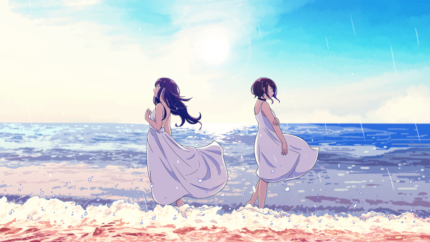 2girls 456_(456log) bare_shoulders beach black_hair closed_mouth cloud commentary_request day denonbu dress from_side full_body hand_on_own_arm highres long_hair multiple_girls ocean official_art outdoors profile seto_mitsuki shinonome_kazune short_hair sky sleeveless sleeveless_dress standing sundress water waves white_dress wind