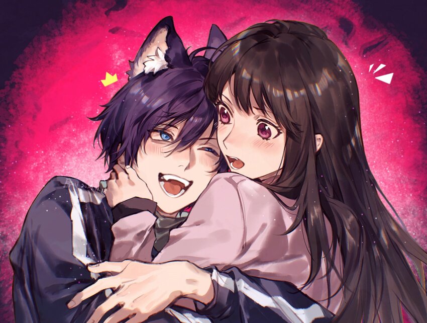 1boy 1girl animal_ear_fluff animal_ears black_jacket black_shirt blue_eyes blush brown_hair cat_boy cat_ears commentary hair_between_eyes hand_on_another&#039;s_cheek hand_on_another&#039;s_face hand_up hetero highres hug iki_hiyori jacket long_hair long_sleeves looking_at_another noragami notice_lines one_eye_closed open_mouth pink_eyes purple_hair purple_jacket shirt short_hair sleeves_past_wrists smile symbol-only_commentary teeth track_jacket upper_body xuchuan yato_(noragami)