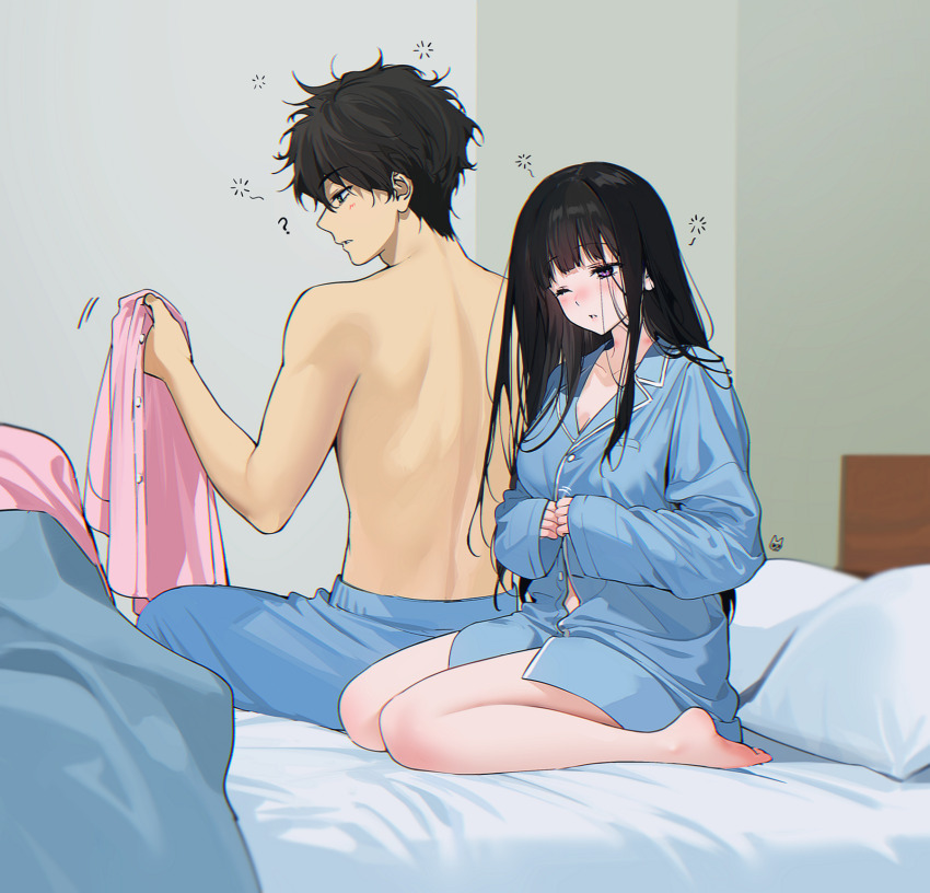 1boy 1girl ;o back bare_back bare_legs barefoot bed_sheet black_hair blanket blue_pajamas blue_pants blue_shirt blush borrowed_clothes breasts buttoning chitanda_eru feet headboard highres holding holding_shirt holding_unworn_clothes hyouka indoors kneeling large_breasts legs long_hair long_sleeves looking_ahead looking_at_object loose_hair_strand mery_(yangmalgage) messy_hair no_pants on_bed one_eye_closed oreki_houtarou own_hands_together pajamas pants pillow pink_pajamas pink_pants pink_shirt purple_eyes shirt sitting sleepy sleeves_past_wrists squeans straight_hair toes topless_male unworn_pants unworn_shirt very_long_hair waking_up wariza