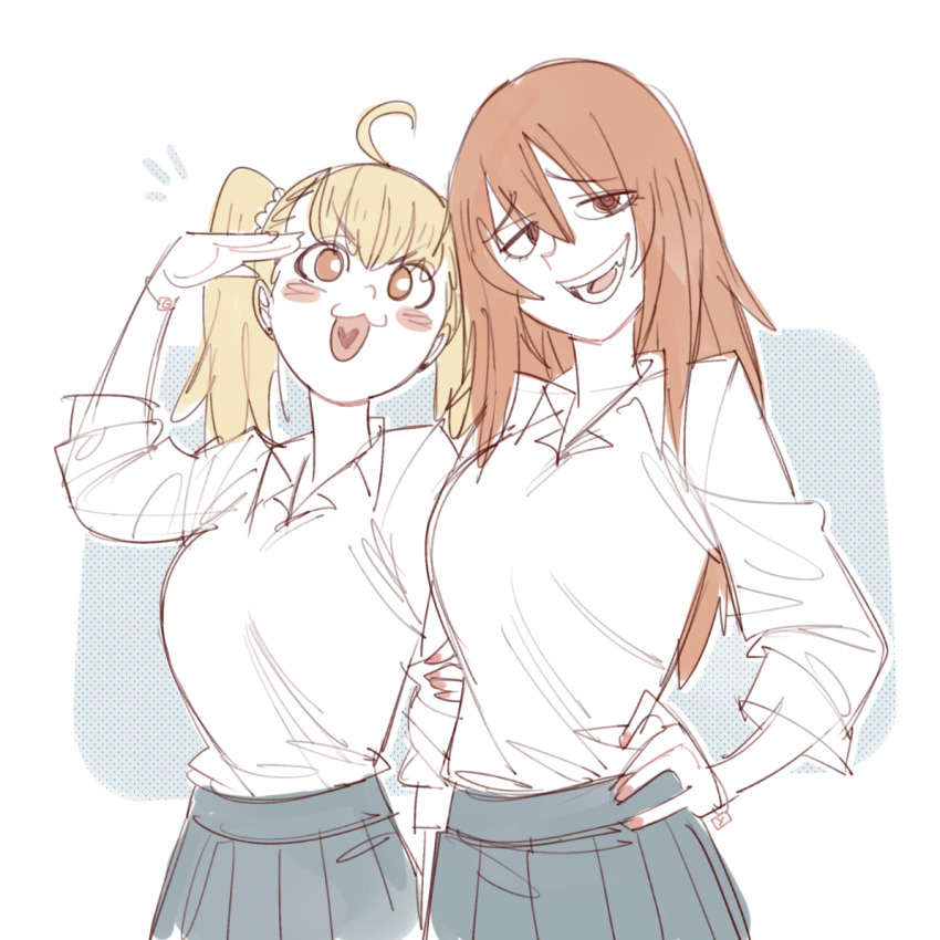 2girls :3 :d ahoge arm_up blonde_hair blush bracelet breasts brown_eyes brown_hair collared_shirt commentary cowboy_shot fang furrowed_brow gamou_maki grey_skirt gutalalaman hair_between_eyes hair_ornament hair_scrunchie hand_on_own_hip heart heart_in_mouth holding_another&#039;s_arm ijiranaide_nagatoro-san jewelry large_breasts long_hair looking_at_viewer multiple_girls open_mouth pants pants_tucked_in pleated_skirt red_nails salute school_uniform scrunchie shirt skirt smile smug teeth twintails white_shirt yoshi_(nagatoro)