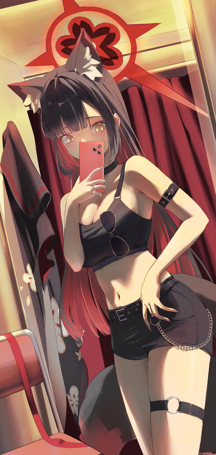 1girl absurdres animal_ear_fluff animal_ears armband bare_arms bare_shoulders black_choker black_hair black_shorts black_sports_bra blue_archive blush breasts cellphone choker cleavage colored_inner_hair fox_ears fox_girl fox_tail highres holding holding_phone large_breasts long_hair looking_at_viewer mirror_selfie multicolored_hair navel phone red_hair selfie shorts sidelocks smartphone solo sports_bra tail thigh_strap two-tone_hair vam_(js_vam) wakamo_(blue_archive)