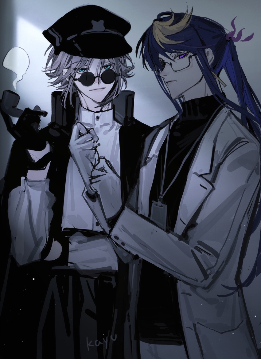 2boys absurdres adjusting_clothes adjusting_gloves bespectacled black_coat black_gloves black_hat black_sweater blonde_hair blue_eyes chinese_commentary closed_mouth coat cowboy_shot cuff_links dress_shirt earrings expressionless glasses gloves grey_hair grey_hakama hakama hand_on_own_arm hat highres holding holding_smoking_pipe id_card japanese_clothes jewelry kayu_(yukagoin) lab_coat lanyard lapels light_smile long_hair long_sleeves looking_at_viewer male_focus multicolored_hair multiple_boys mysta_rias nijisanji notched_lapels open_clothes open_coat parted_bangs peaked_cap ponytail purple_eyes purple_hair shade shirt short_hair shu_yamino sidelocks sleeveless sleeveless_coat smile smoking_pipe streaked_hair sunglasses sweater swept_bangs turtleneck turtleneck_sweater virtual_youtuber white_background white_coat white_gloves white_shirt