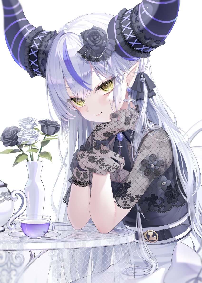 1girl absurdres belt black_belt black_flower black_gloves black_ribbon black_rose closed_mouth cross cross_earrings cup demon_girl demon_horns earrings flower gloves hair_flower hair_ornament highres hololive horns jewelry la+_darknesss lace lace_gloves multicolored_hair neck_ribbon piyokuma pointy_ears purple_hair ribbon rose simple_background skirt smile solo streaked_hair table teacup teapot vase virtual_youtuber white_background white_flower white_hair white_rose white_skirt yellow_eyes