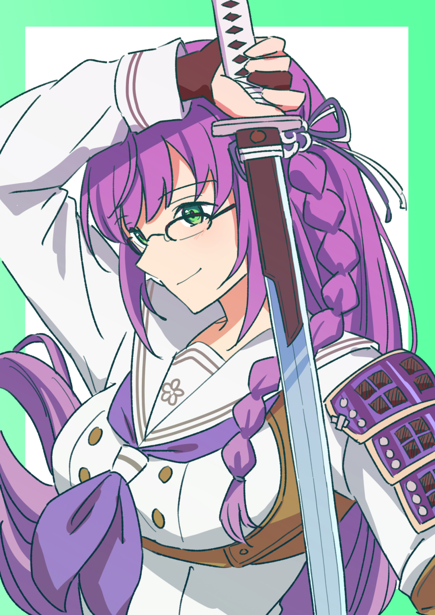 1girl armor black-framed_eyewear border braid breasts buttons closed_mouth commentary_request cosplay double-breasted glasses green_border green_eyes hair_ribbon highres holding holding_sword holding_weapon japanese_armor katana kote kujo_kaede kujo_kaede_(cosplay) large_breasts link!_like!_love_live! long_braid long_hair love_live! neckerchief nogreen official_alternate_costume ongeki otomune_kozue outside_border over-rim_eyewear purple_hair purple_neckerchief purple_ribbon ribbon sailor_collar school_uniform semi-rimless_eyewear serafuku shirt side_braid sidelocks sideways_mouth smile solo sword underbust upper_body virtual_youtuber weapon white_background white_ribbon white_sailor_collar white_serafuku white_shirt