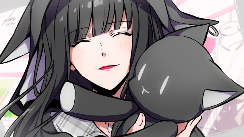 1girl animal_ears black_hair black_hoodie blunt_bangs cat_ears closed_eyes crane_game dress eme_(204) fake_animal_ears female_focus grey_dress highres hime_cut holding holding_stuffed_toy hood hoodie long_hair nyantan plaid_clothes plaid_dress red_lips sakurane_shoka shin_subarashiki_kono_sekai smile solo stuffed_animal stuffed_cat stuffed_toy subarashiki_kono_sekai upper_body