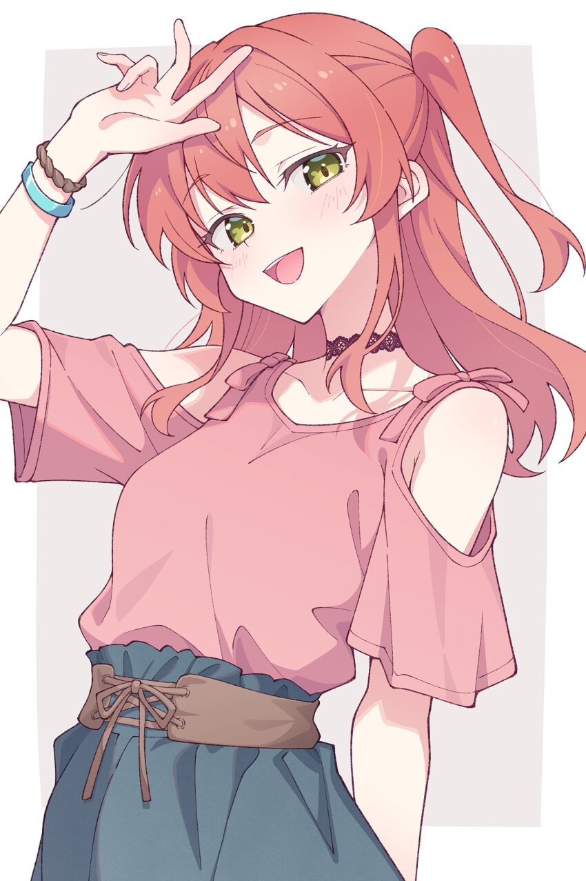 1girl blue_skirt blush bocchi_the_rock! border bracelet choker clothing_cutout commentary e20 green_eyes highres jewelry kita_ikuyo lace lace_choker long_hair looking_at_viewer one_side_up open_mouth outside_border pink_shirt red_hair shirt short_sleeves shoulder_cutout sidelocks skirt smile solo teeth upper_teeth_only white_border