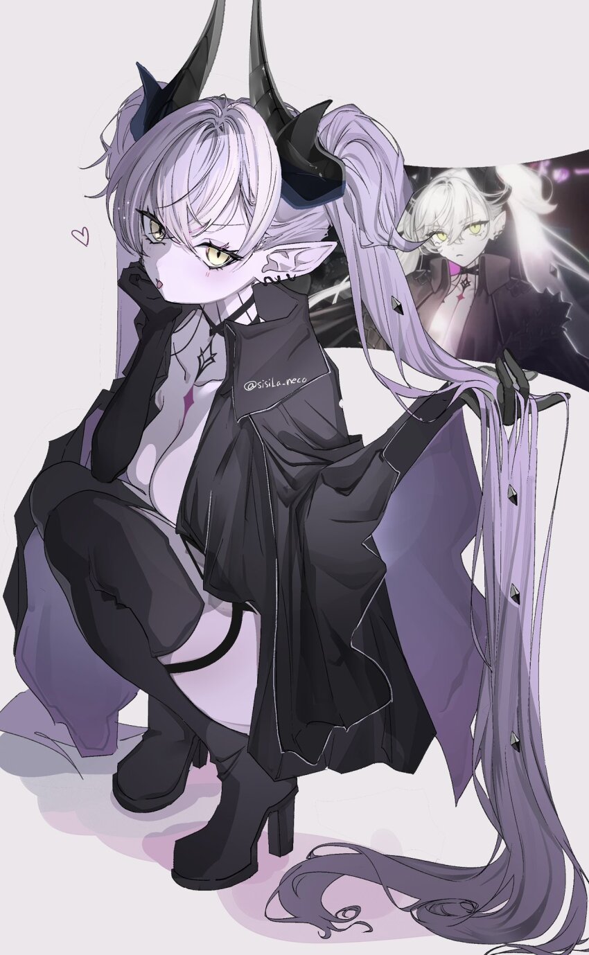 1girl black_gloves black_jacket boots breasts cleavage fate/grand_order fate_(series) gloves hand_up highres horns jacket lilith_(fate) lilith_(second_ascension)_(fate) long_hair looking_at_viewer pointy_ears sisila_neco solo squatting thigh_boots thigh_strap twintails very_long_hair white_hair yellow_eyes