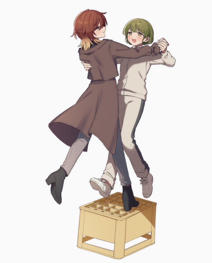 2girls aketa_mikoto black_shoes blush bottle_crate brown_coat brown_hair chiyoko_(tykchiyo) coat commentary dancing full_body green_hair highres holding_hands idolmaster idolmaster_shiny_colors jacket long_sleeves medium_hair multiple_girls nanakusa_nichika pants shoes short_hair simple_background smile white_background white_jacket white_pants white_shoes yuri