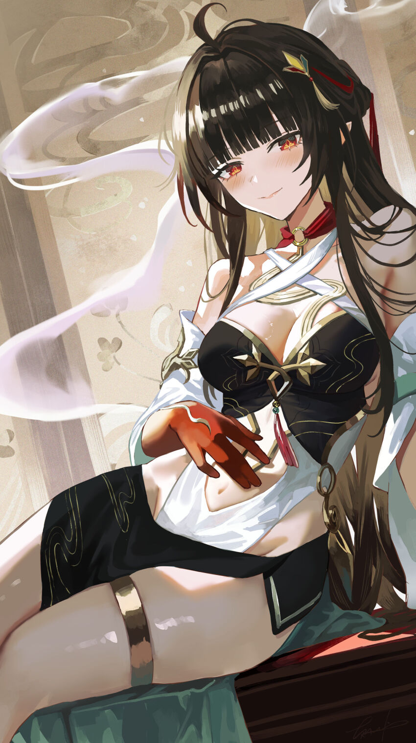 1girl absurdres ahoge arm_support bare_shoulders black_dress blunt_bangs breasts brown_hair chinese_clothes cleavage closed_mouth colored_extremities commentary_request criss-cross_halter diamond-shaped_pupils diamond_(shape) dress dutch_angle groin hair_ornament halterneck highres honkai:_star_rail honkai_(series) jewelry large_breasts lingsha_(honkai:_star_rail) long_hair looking_at_viewer maria_(maria_rose) navel orange_eyes partial_commentary red_hands sitting smile solo symbol-shaped_pupils thighlet thighs very_long_hair