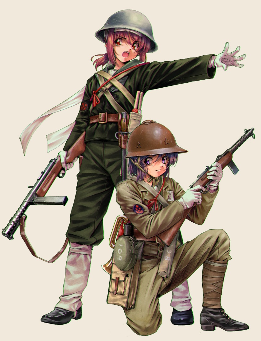 1990s_(style) 2girls absurdres anchor_symbol bayonet belt black_footwear brown_belt brown_jacket brown_pants bugle canteen closed_mouth combat_helmet full_body gaiters gloves green_jacket green_pants green_sailor_collar gun gun_sling headband helmet highres holding holding_gun holding_weapon imperial_japanese_navy insignia instrument jacket load_bearing_equipment long_sleeves longmei_er_de_tuzi looking_at_viewer looking_to_the_side military military_jacket military_uniform mp18 mp34 multiple_girls naval_uniform naval_working_uniform open_mouth original pants patch purple_eyes purple_hair puttee retro_artstyle sailor_collar sheath sheathed shoulder_patch simple_background soldier standing star_(symbol) strap submachine_gun teeth upper_teeth_only weapon white_background white_gloves white_headband world_war_ii