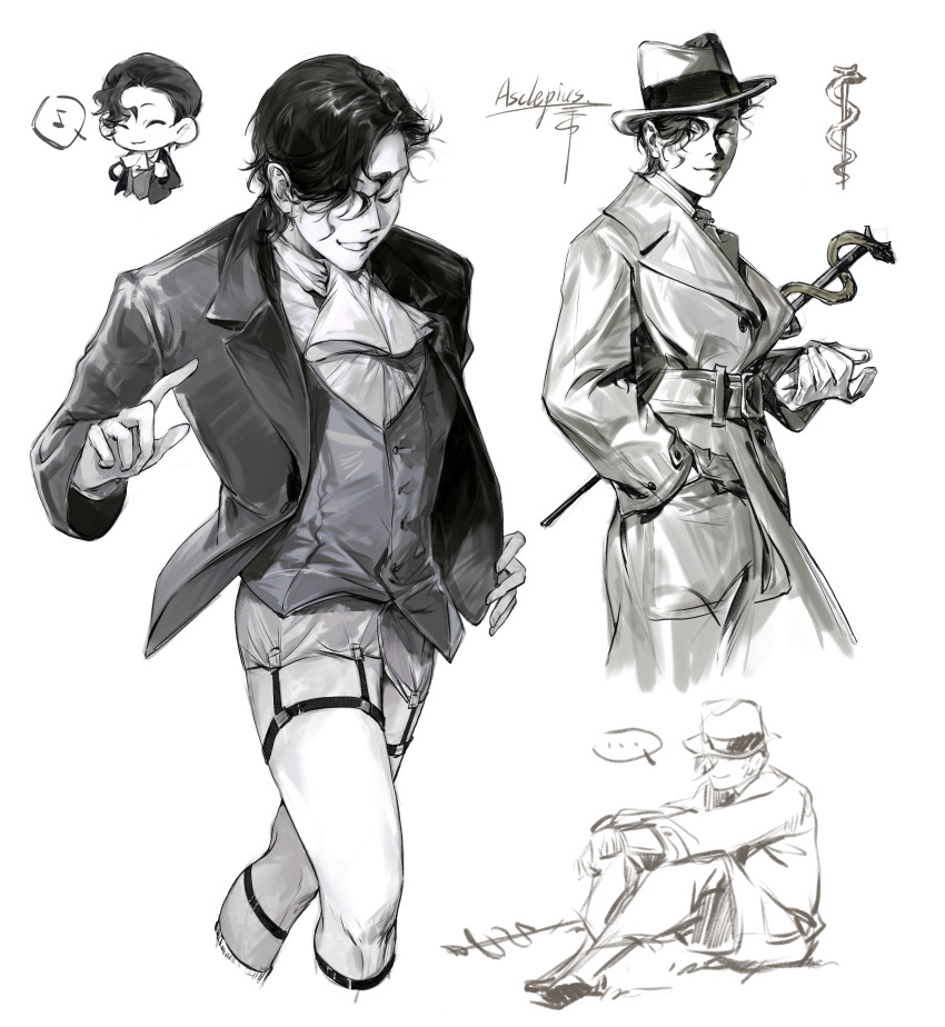 ... 1boy absurdres alternate_costume ascot chinese_commentary closed_eyes closed_mouth coat commentary_request garter_straps greyscale grin hand_in_pocket hat highres jacket long_sleeves male_focus monochrome multiple_views musical_note open_clothes open_jacket procreate_(medium) rod_of_asclepius saibou_shinkyoku short_hair shorts smile speech_bubble spoken_ellipsis spoken_musical_note the_crowd utsugi_rangiri vest