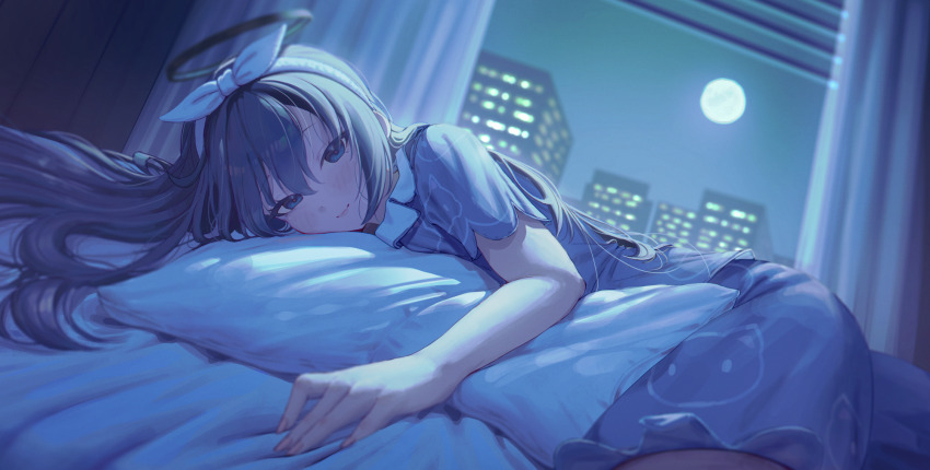 1girl animal_print blue_archive blue_shirt blue_shorts blush cat_print closed_mouth hair_between_eyes hairband highres long_hair looking_at_viewer moon night official_alternate_costume official_alternate_hairstyle purple_eyes purple_hair samlooop shirt shorts smile solo white_hairband yuuka_(blue_archive) yuuka_(pajamas)_(blue_archive)