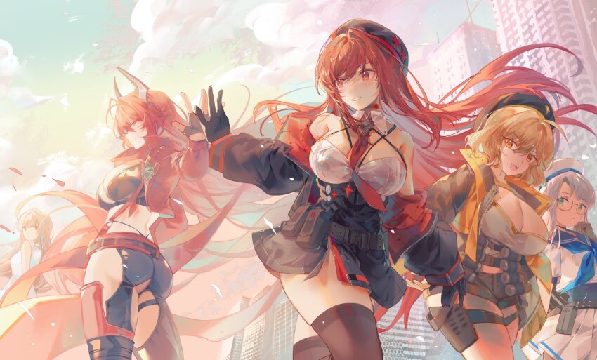 5girls ahoge anis_(nikke) ass bare_shoulders black_dress black_gloves black_horns black_jacket black_shorts black_thighhighs breasts brown_hair building cleavage clothing_cutout commentary counters_(nikke) crop_top dress english_commentary gloves goddess_of_victory:_nikke green_eyes highres horns jacket kirabunni large_breasts multiple_girls necktie neon_(nikke) orange_hair outdoors pleated_skirt rapi_(nikke) rapi_(red_hood)_(nikke) rapi_(young)_(nikke) red_eyes red_hood_(nikke) red_necktie shirt short_hair shorts side_cutout skirt skyscraper thighhighs thighs white_hair white_shirt white_skirt