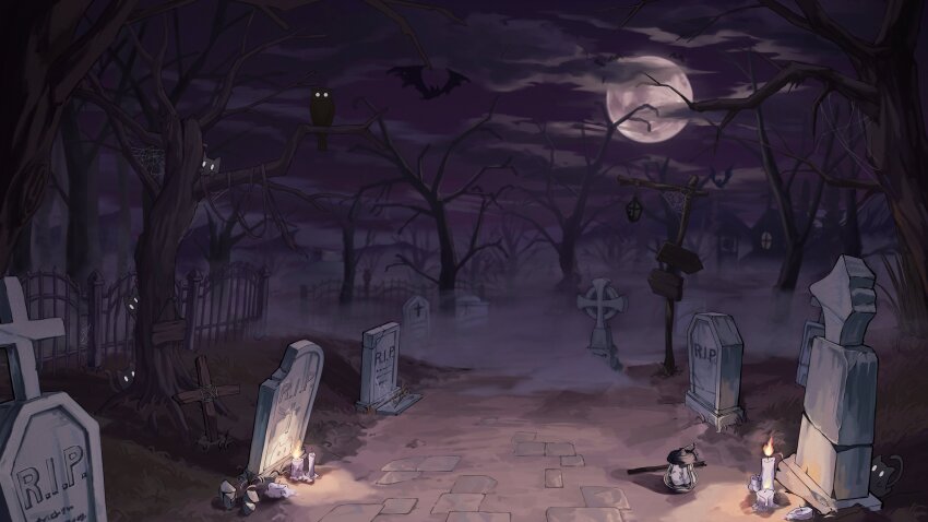 &gt;_&lt; 0_0 absurdres bare_tree bat_(animal) bird candle candlelight creature cross cross_patty direction_board fence full_moon grave graveyard halloween hanging_lantern highres iron_fence lantern looking_at_viewer lunyaria maro_(neneko_mashiro) moon night no_humans o_o owl rest_in_peace_(phrase) road road_sign sign silk spider_web stellive tombstone tree