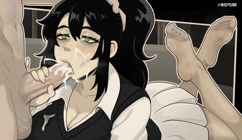 1girl absurdres artist_name black_hair black_vest blush breasts cleavage collarbone collared_shirt commentary crossed_ankles cum cum_on_body cum_on_clothes cum_overflow cumdrip english_commentary erection eyelashes facial feet feet_up fellatio green_eyes hair_between_eyes hand_on_another&#039;s_head hetero highres large_breasts lying mazatlark nail_polish on_stomach oral pantyhose penis pleated_skirt ponytail renee_graves shirt sidelocks skirt soles solo the_coffin_of_andy_and_leyley the_pose toe_seam toenail_polish toenails toes twitter_username veins veiny_penis vest white_shirt white_skirt
