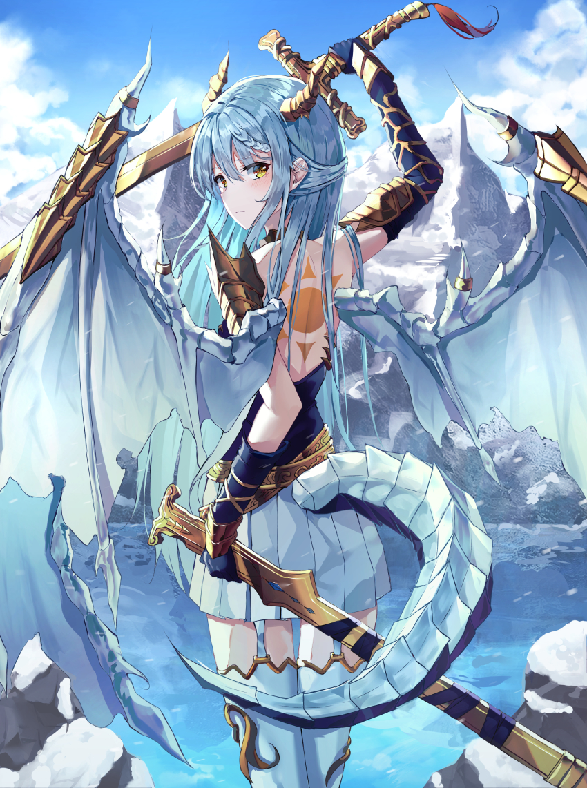 1girl absurdres armor back_cutout bad_id bad_pixiv_id bare_shoulders blue_gloves blue_hair body_markings braid braided_bangs closed_mouth clothing_cutout cloud commentary dragon dragon_girl dragon_horns dragon_tail dragon_wings eastern_dragon elbow_gloves facing_away garter_straps gloves hair_between_eyes highres holding holding_weapon horns huge_filesize kerno long_hair looking_at_viewer mountain original pleated_skirt sheath shoulder_armor skirt sky solo sun_symbol sword tail thighhighs weapon wing_armor wings yellow_eyes